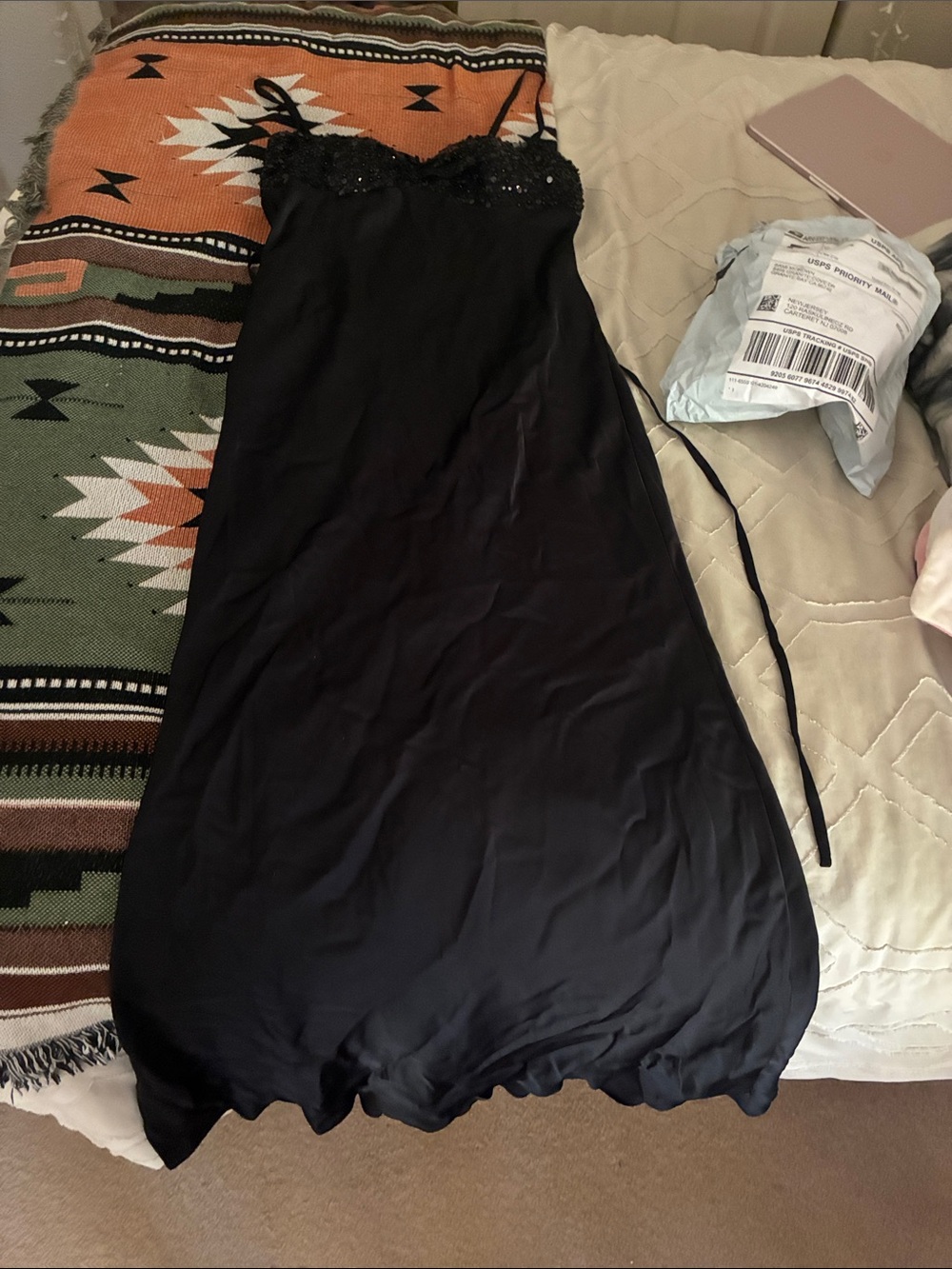 Black Slip Dress with Beaded Bust(padded), tie back with zipper: Prom dress